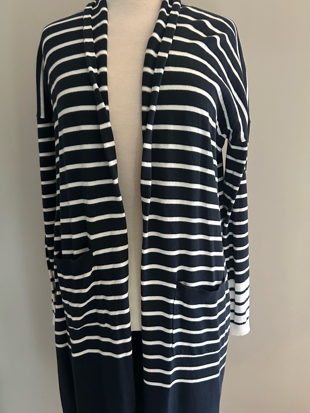 CAbi Striped Cardigan in Navy and White